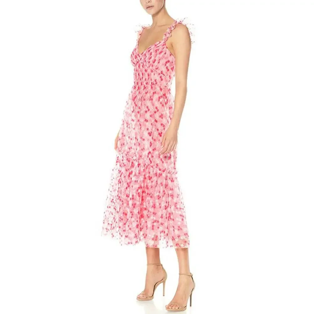 Monique Lhuillier Floral Embroidered Mesh Midi Peony - Picture 3 of 13